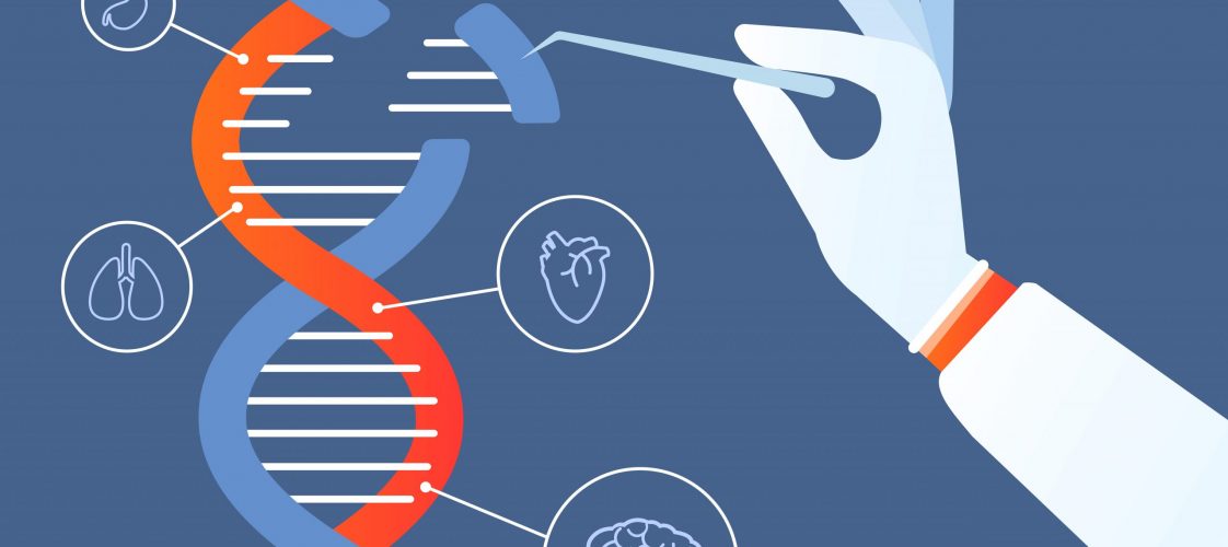 Dna engineering. Genome crispr cas9, gene mutation code modification. Human biochemistry and chromosomes research vector concept. Illustration of gene engineering, mutation code genetic