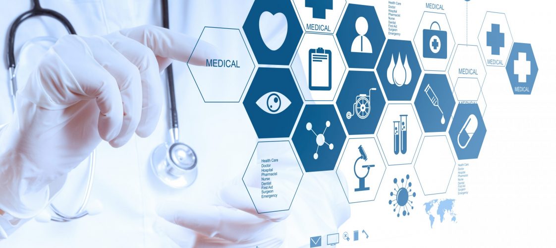 Medicine doctor hand working with modern computer interface as medical concept